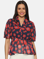 Load image into Gallery viewer, IS.U Floral Navy Blue Collared Peplum Top