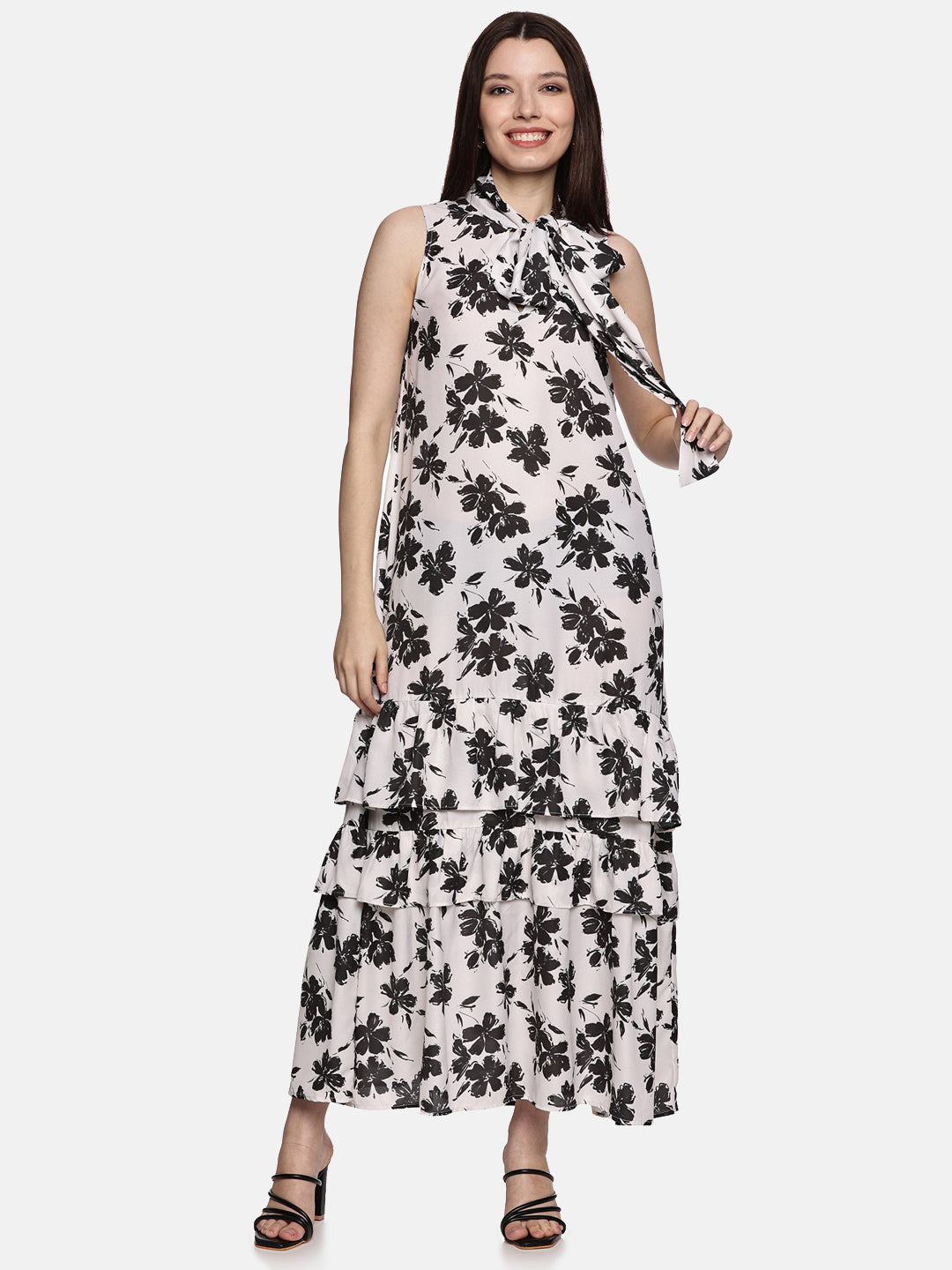 IS.U Floral Off-White Tiered Sleevless Dress