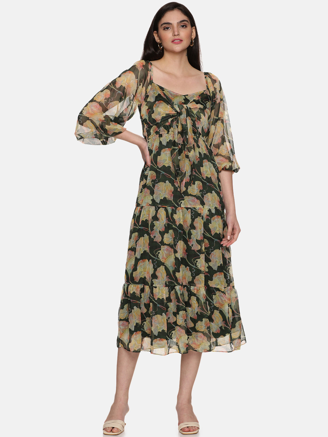 IS.U Floral Green Front Tie Knot Midaxi Dress