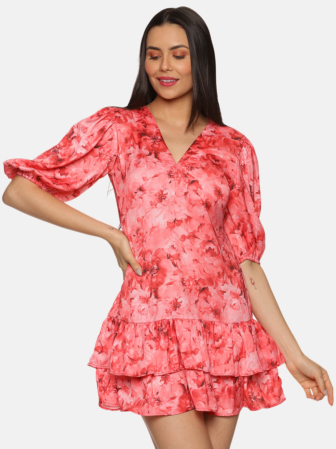 IS.U Floral Coral Two Tiered Ruffle Mini Dress