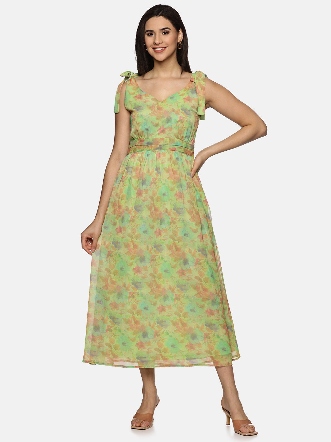 Buy Green Printed Floral Chiffon Fabric | Tie-up Detailed Dress Online In India