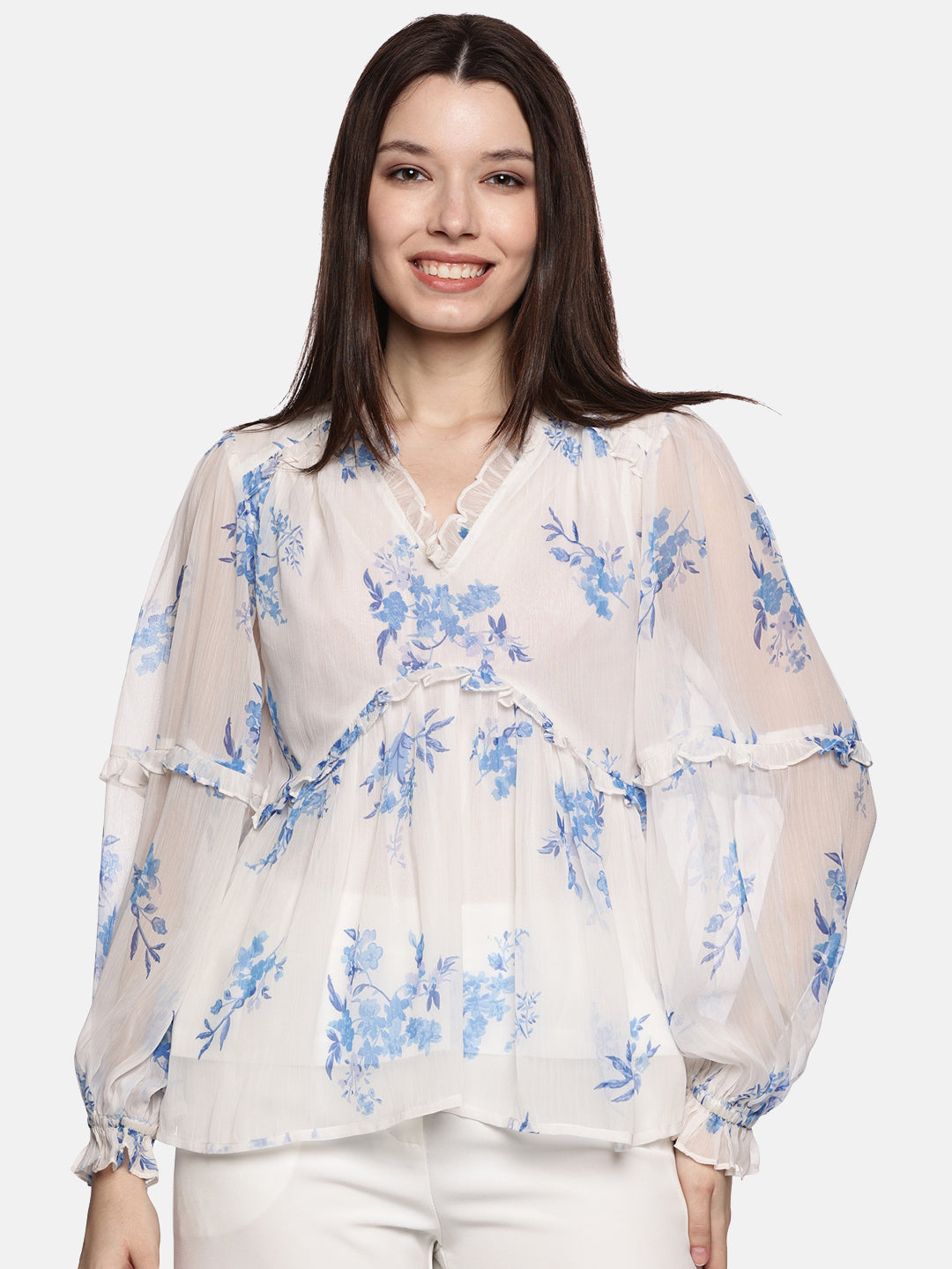 IS.U Floral White Blouson Sleeve Top