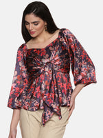 Load image into Gallery viewer, IS.U Floral Blue Front Tie Knot Peplum Top