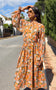 IS.U Floral Yellow Belted Blouson Sleeve Dress
