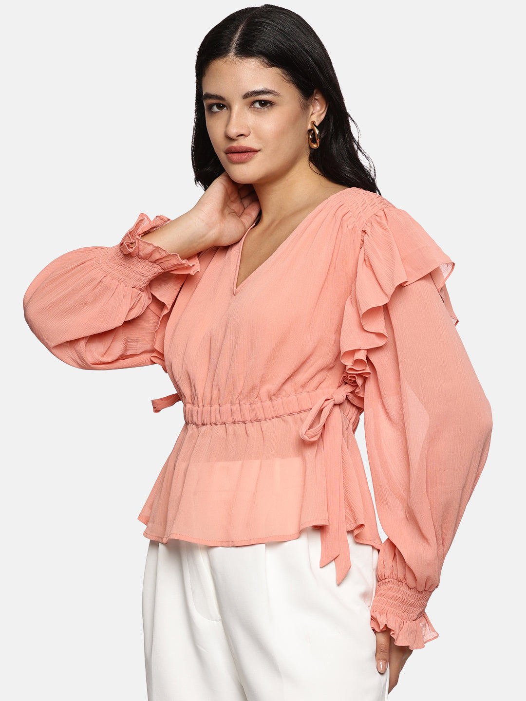 IS.U Peach V-Neck Smocked Sleeve Top