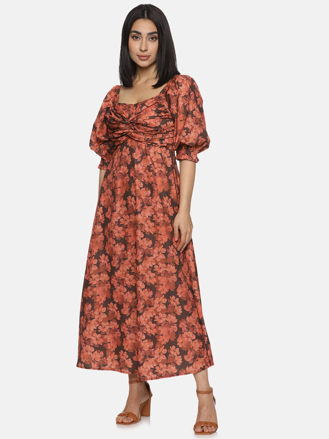 Buy Brown Printed Floral Poly Poplin Fabric | Front Twist Midaxi Dress Online In India