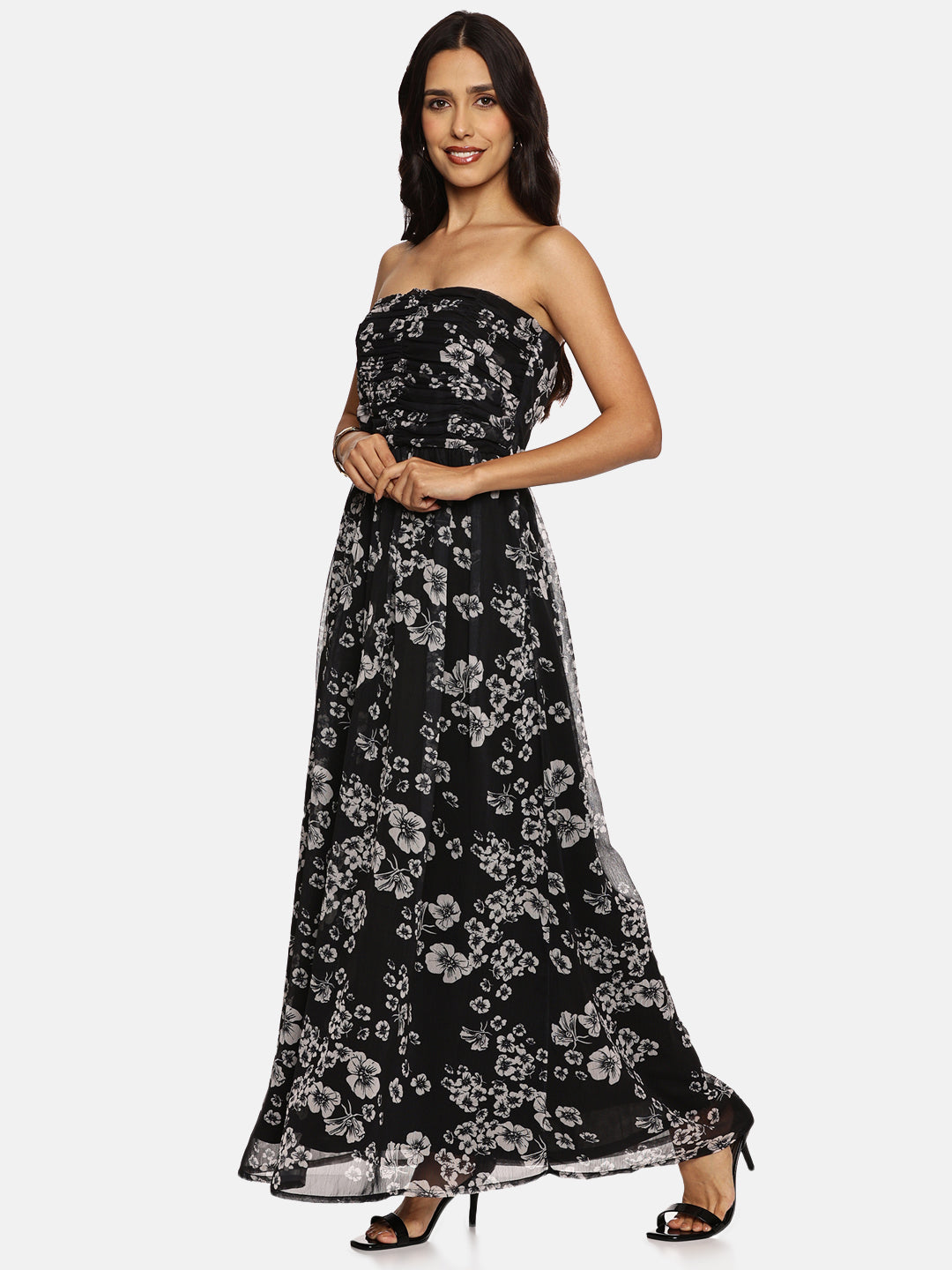 IS.U Floral Black Front Gathered Maxi Dress