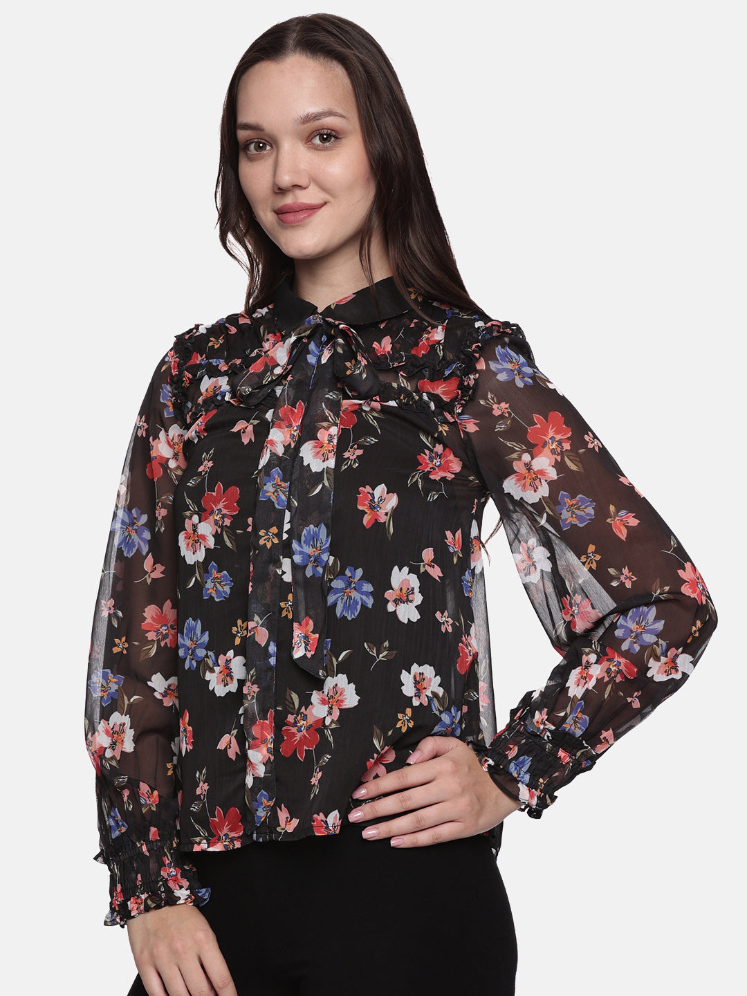 IS.U Floral Black Smocked Sleeve Top