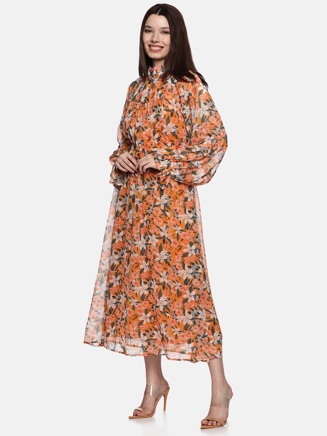 IS.U Floral Yellow Belted Blouson Sleeve Dress