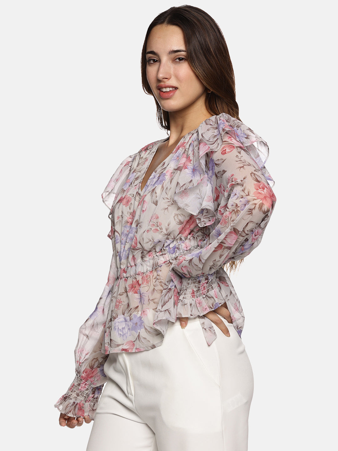 IS.U Floral Beige V-Neck Smocked Sleeve Top