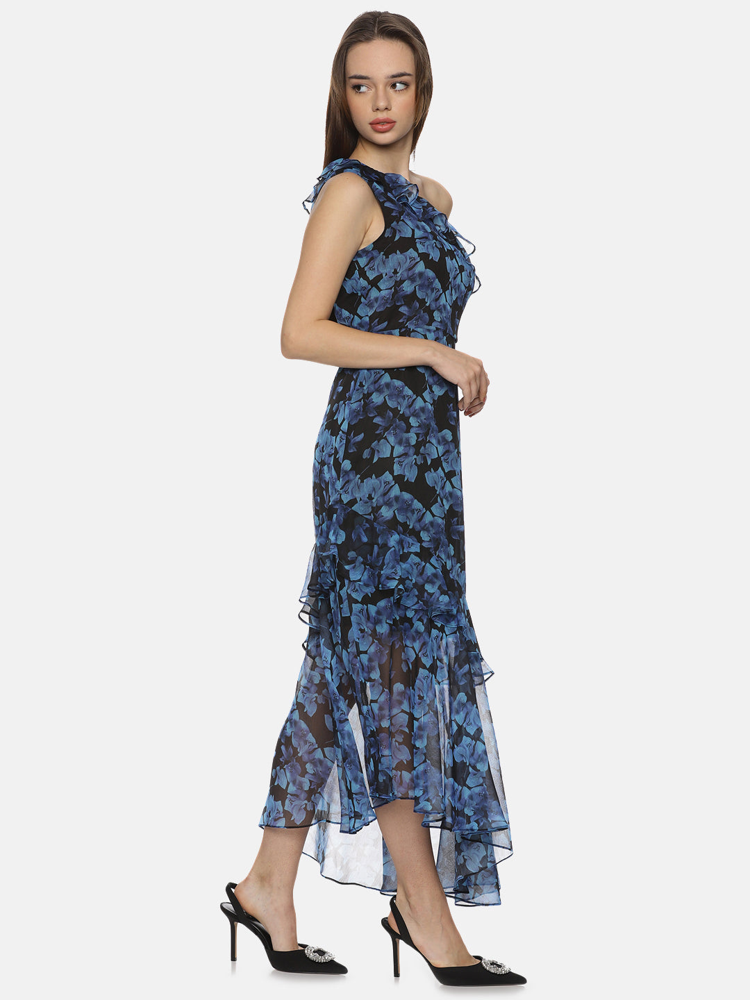 IS.U Floral Blue One Shoulder Asymmetrical Dress