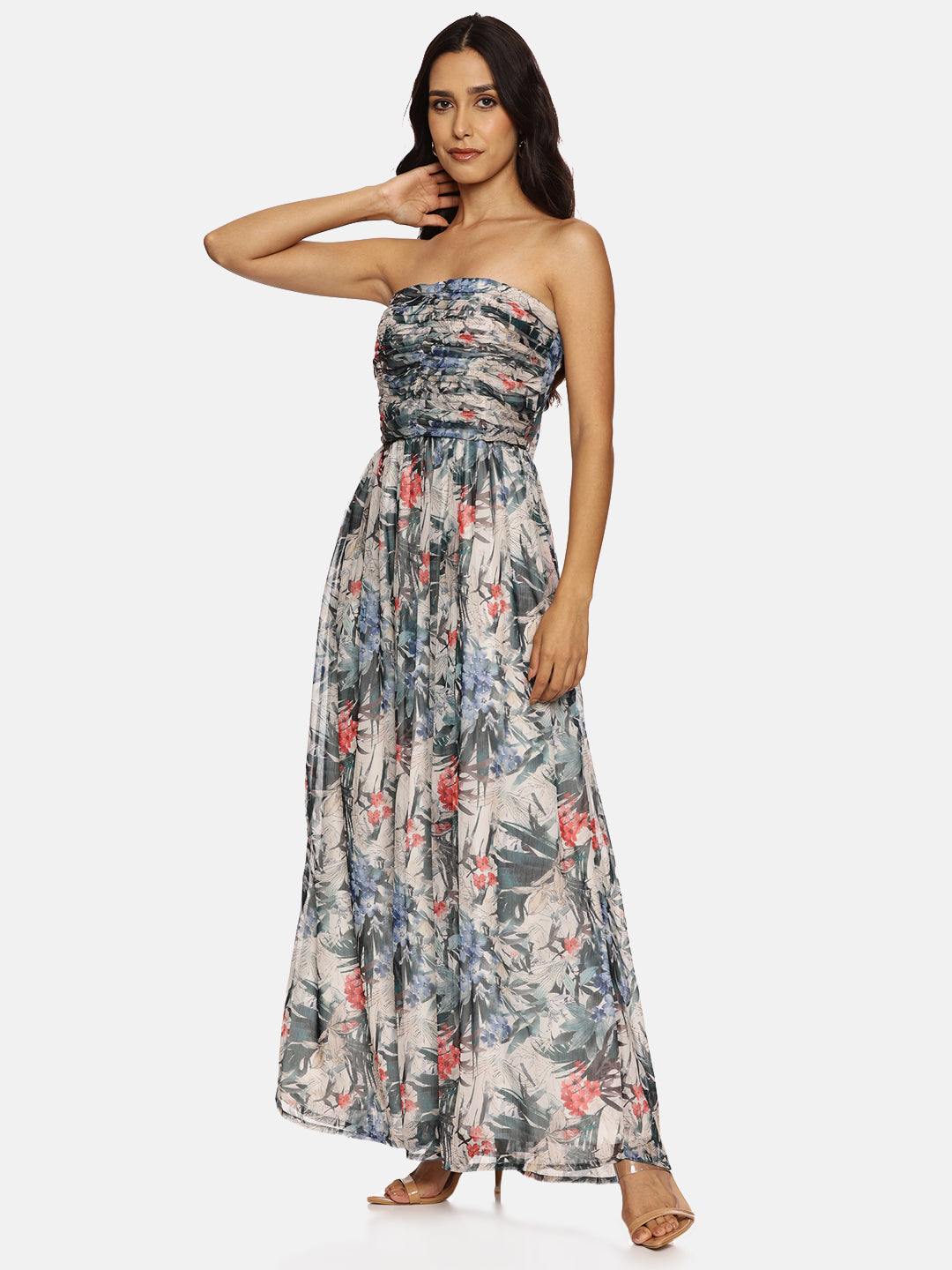 IS.U Floral Multicolor Front Gathered Maxi Dress