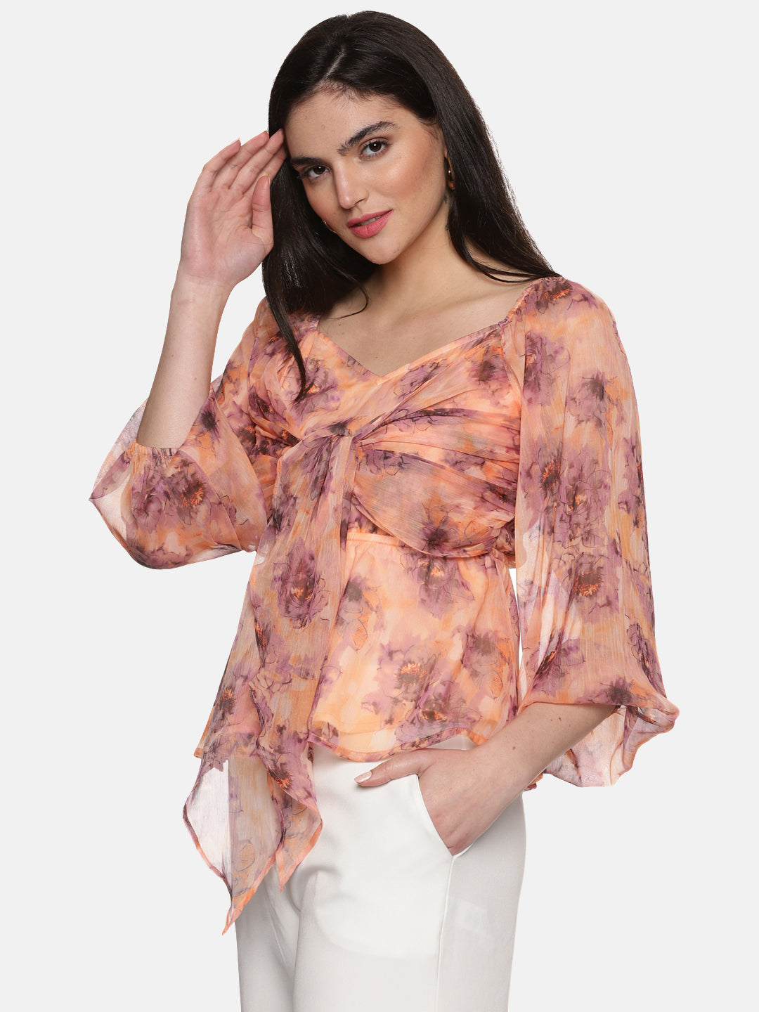 IS.U Floral Peach Front Tie Knot Peplum Top