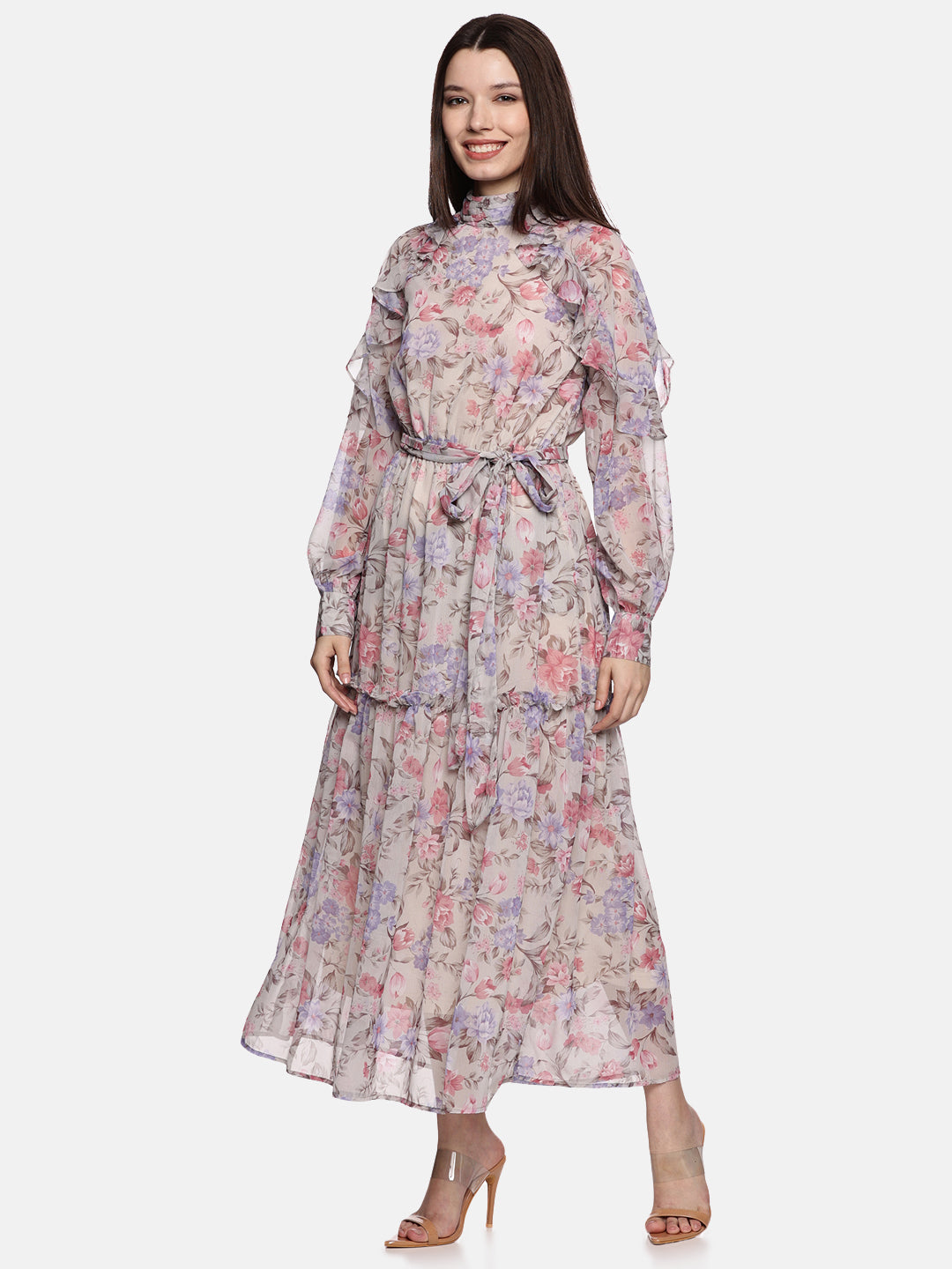 IS.U Floral Multicolored Ruffled Blouson Sleeve Dress