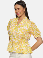 Load image into Gallery viewer, IS.U Floral Yellow Collared Peplum Top
