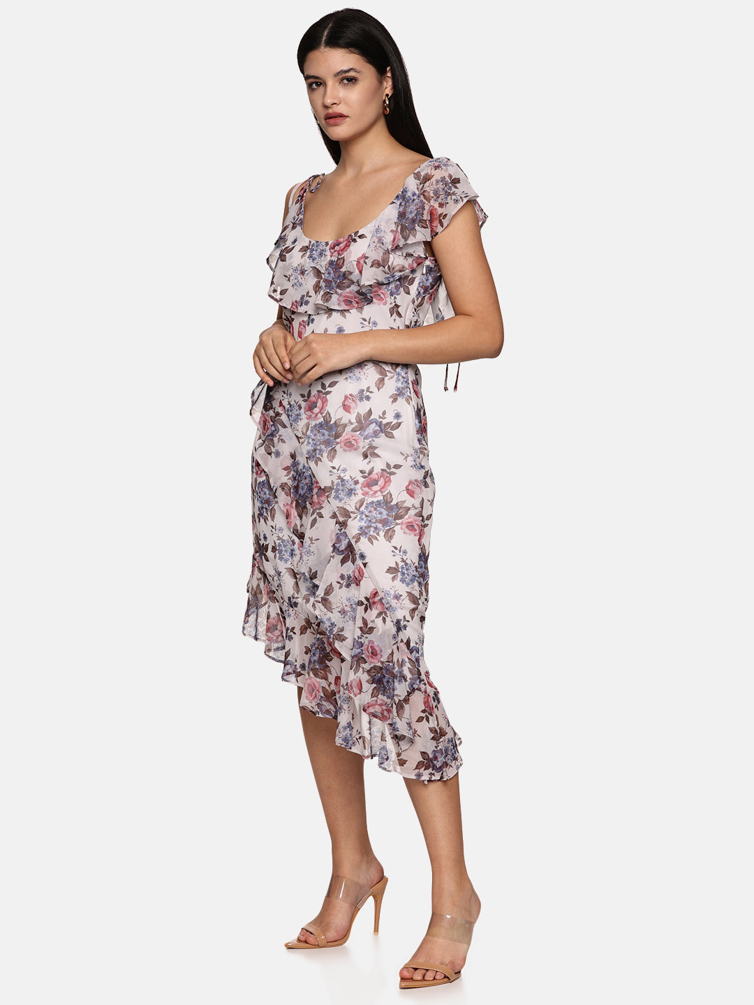 IS.U Printed Ruffled Strap Midi Dress