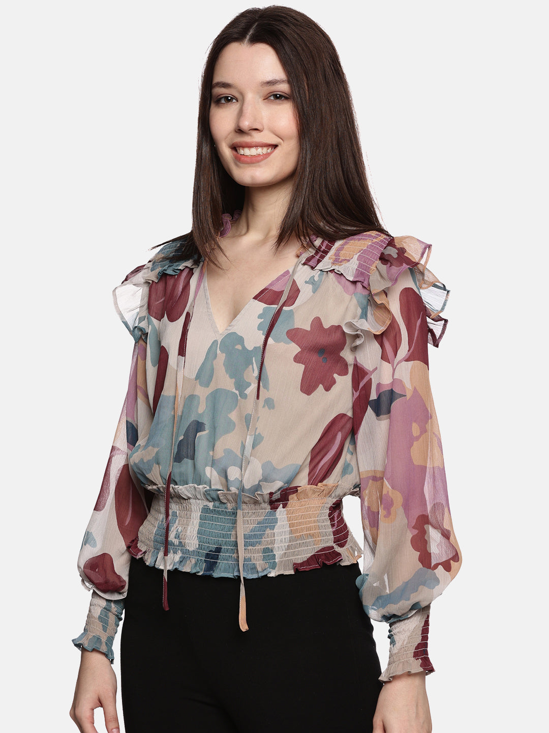 IS.U Floral  Abstract Smocked- Sleeve Top