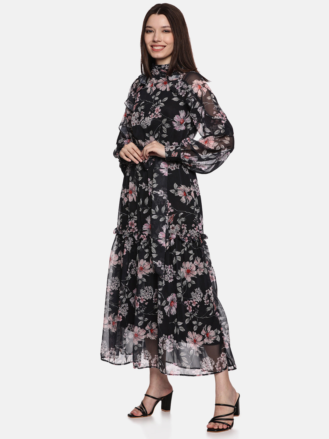 IS.U Floral Black Ruffled Blouson Sleeve Dress