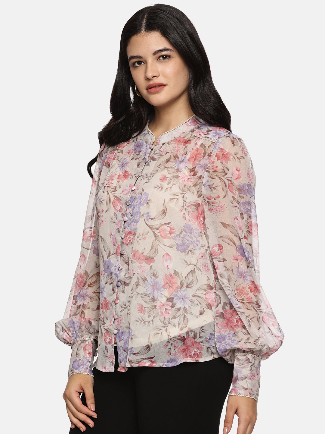 IS.U Floral Beige Cuffed Sleeve Lace Top