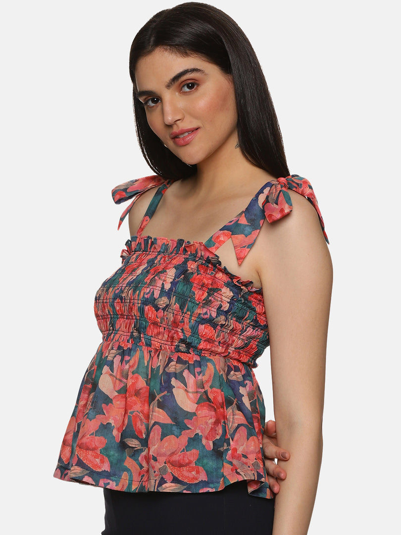 IS.U Floral Multicolor Tie-Up Peplum Top