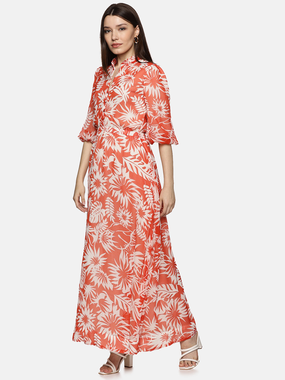 IS.U Floral Red Printed Baloon Sleeve Dress