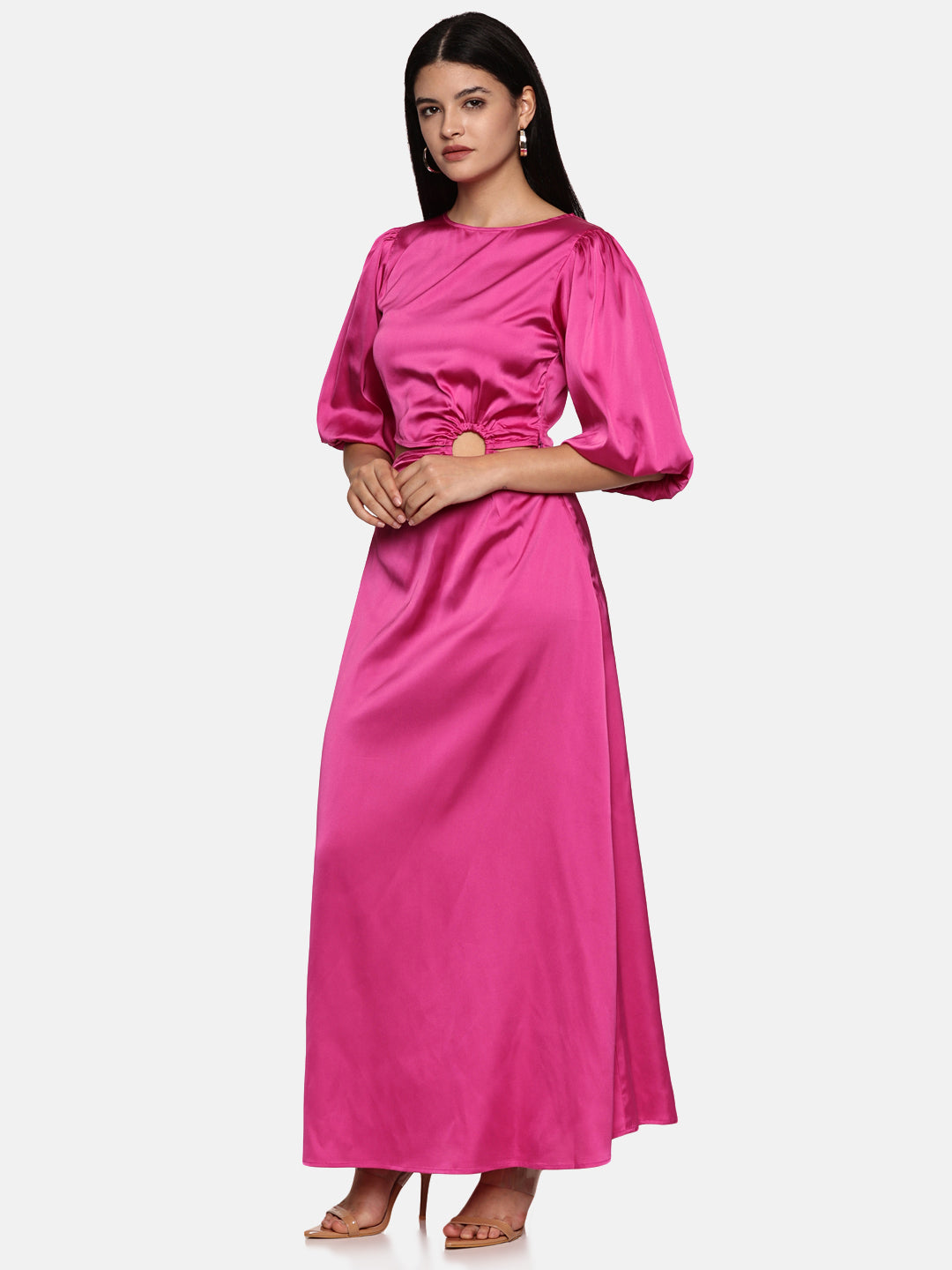 IS.U Pink Puff Sleeve Cut-Out Maxi Dress