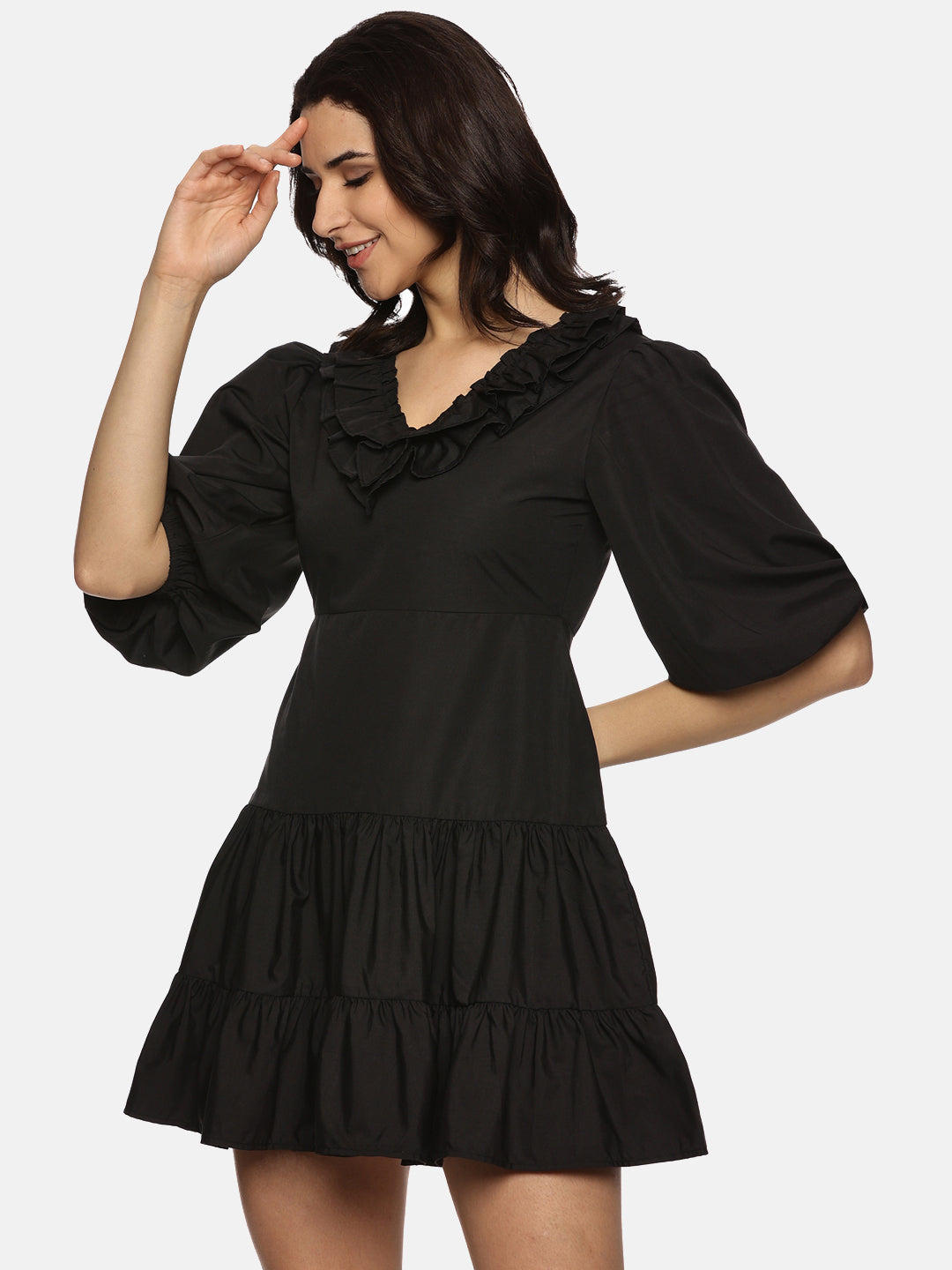 IS.U Solid Black Puff Sleeve Mini Dress