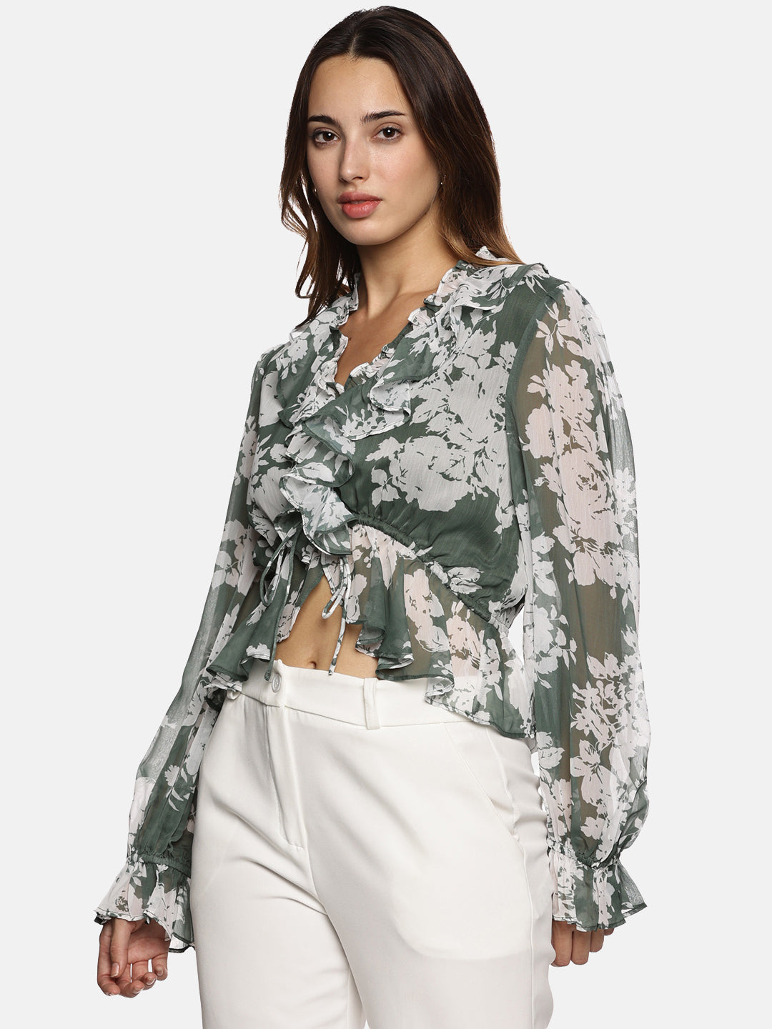 IS.U Floral Green V-Neck Blouson Sleeve Top