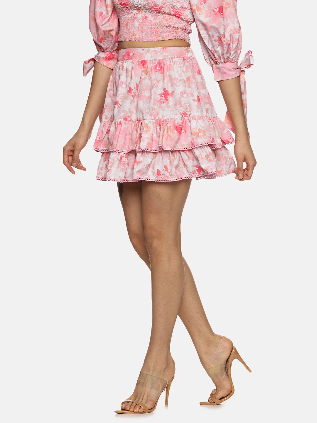 IS.U Floral Pink Two Tier Mini Skirt