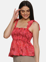 Load image into Gallery viewer, IS.U Abstract Red Tie-Up Peplum Top
