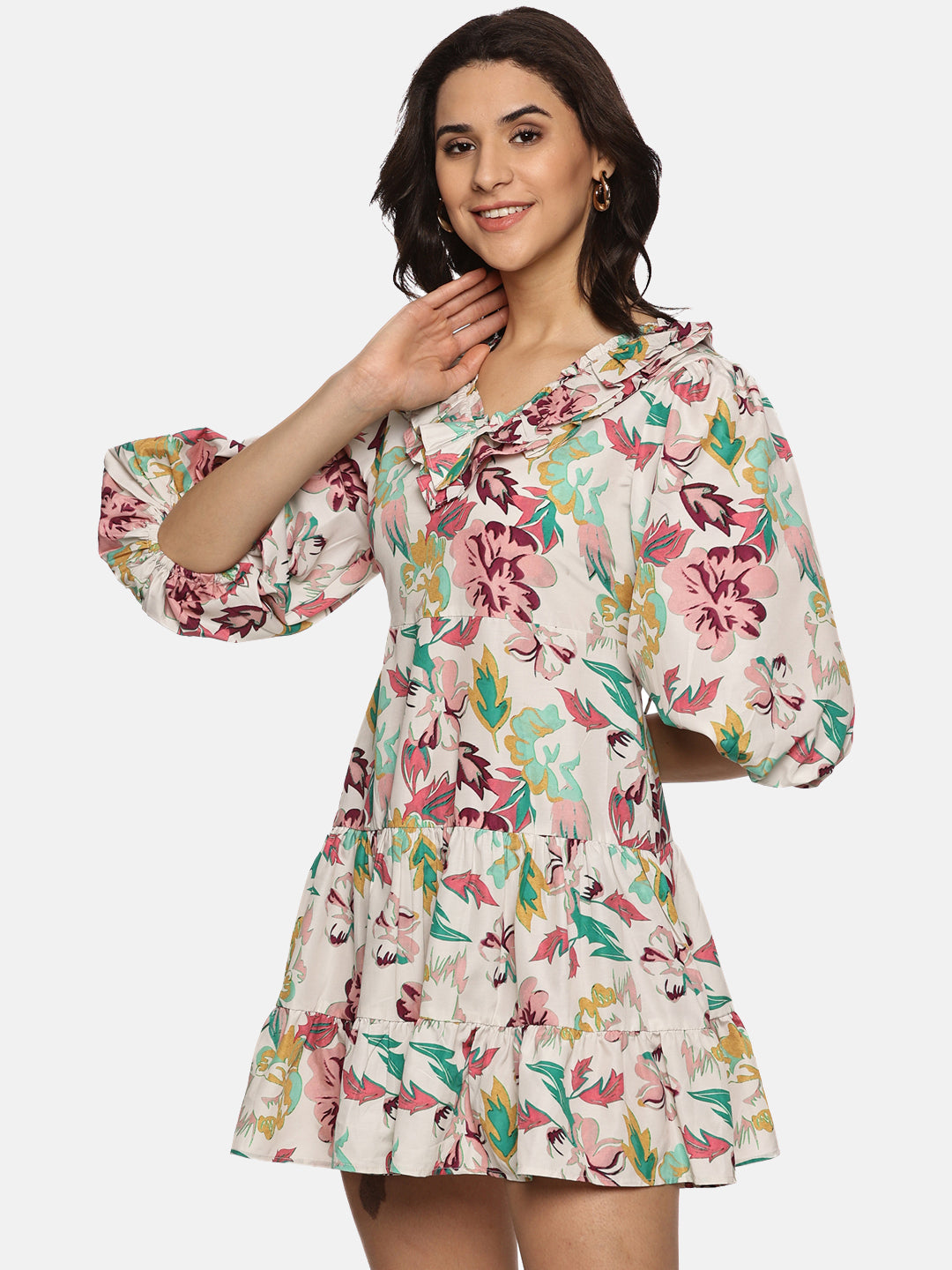 IS.U Floral Multicolor Puff Sleeve Mini Dress