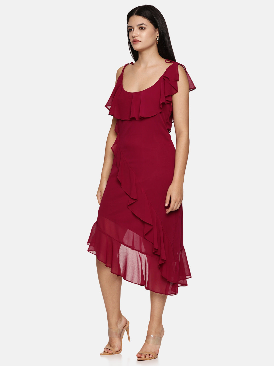 IS.U  Pink Ruffled Strap Midi Dress