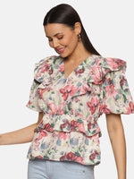 Load image into Gallery viewer, IS.U Floral Multicolor Ruffle Detail Peplum Top
