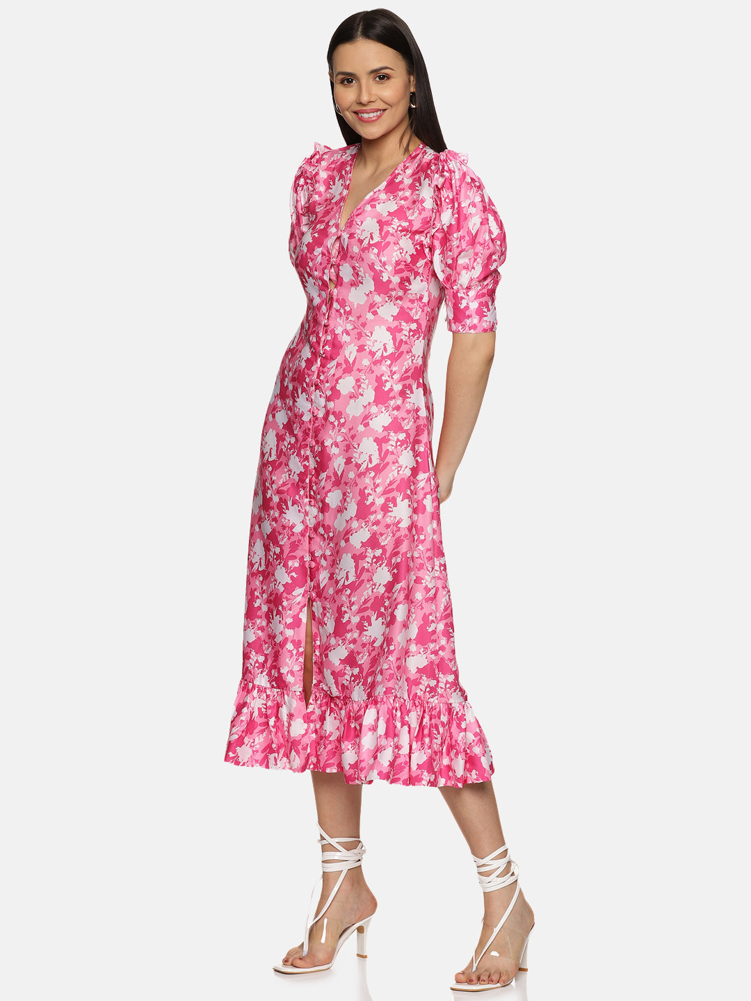 IS.U Floral Pink Button Down Satin Dress