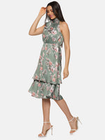 Load image into Gallery viewer, IS.U Floral Olive Halter Tie Neck Midi Dress