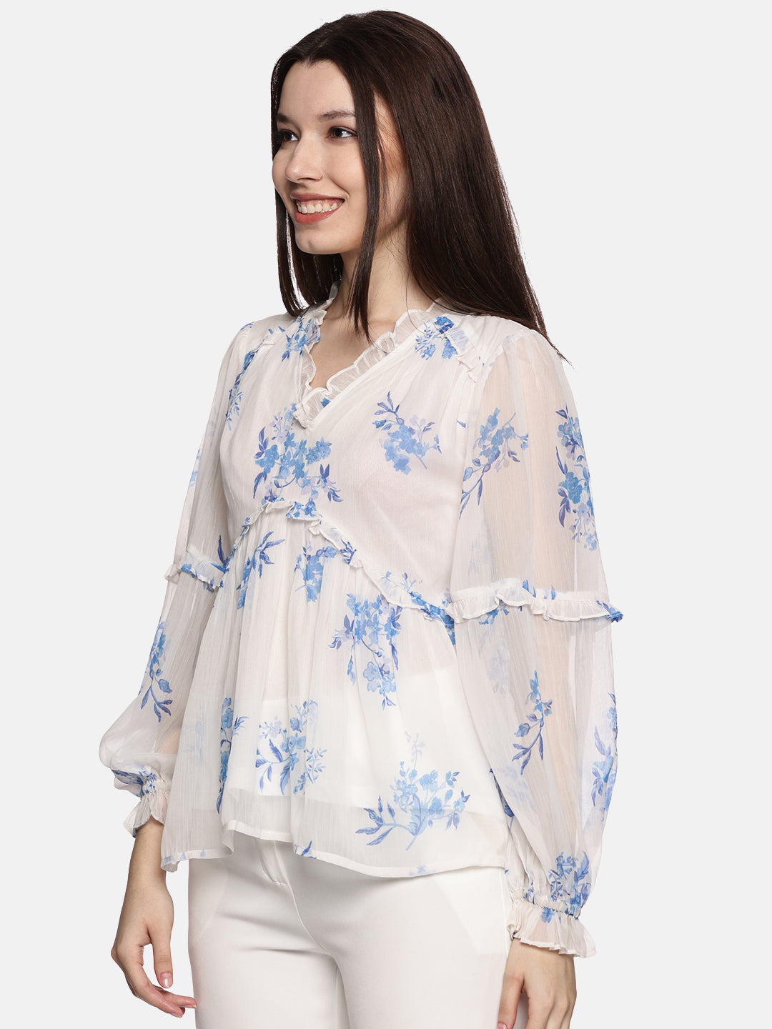 IS.U Floral White Blouson Sleeve Top