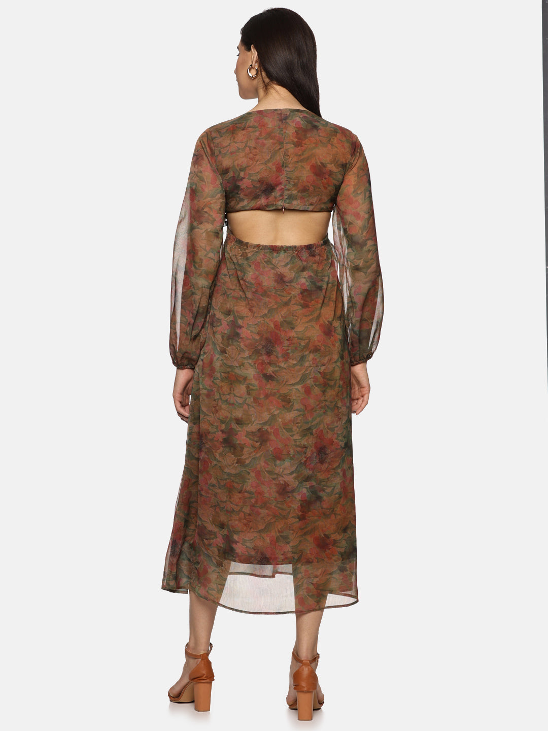 Buy Brown Printed Floral Chiffon Fabric | Cut Out Midaxi Dress Online In India