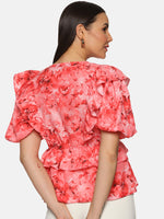 Load image into Gallery viewer, IS.U Floral Coral Ruffle Detail Peplum Top