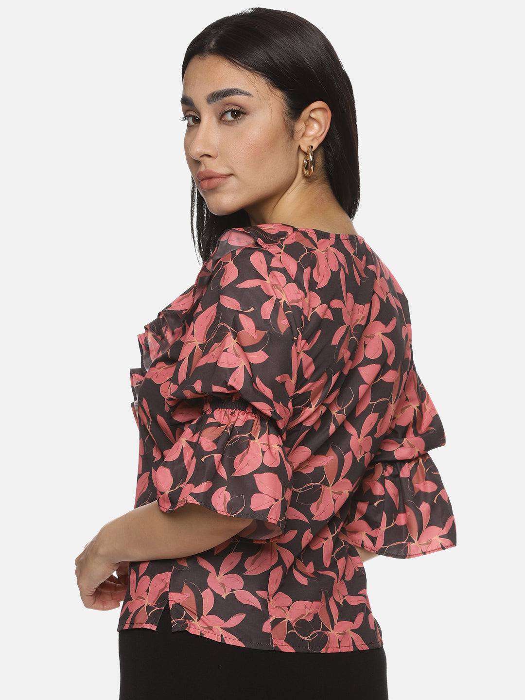 IS.U Floral Black Front Ruffle Top