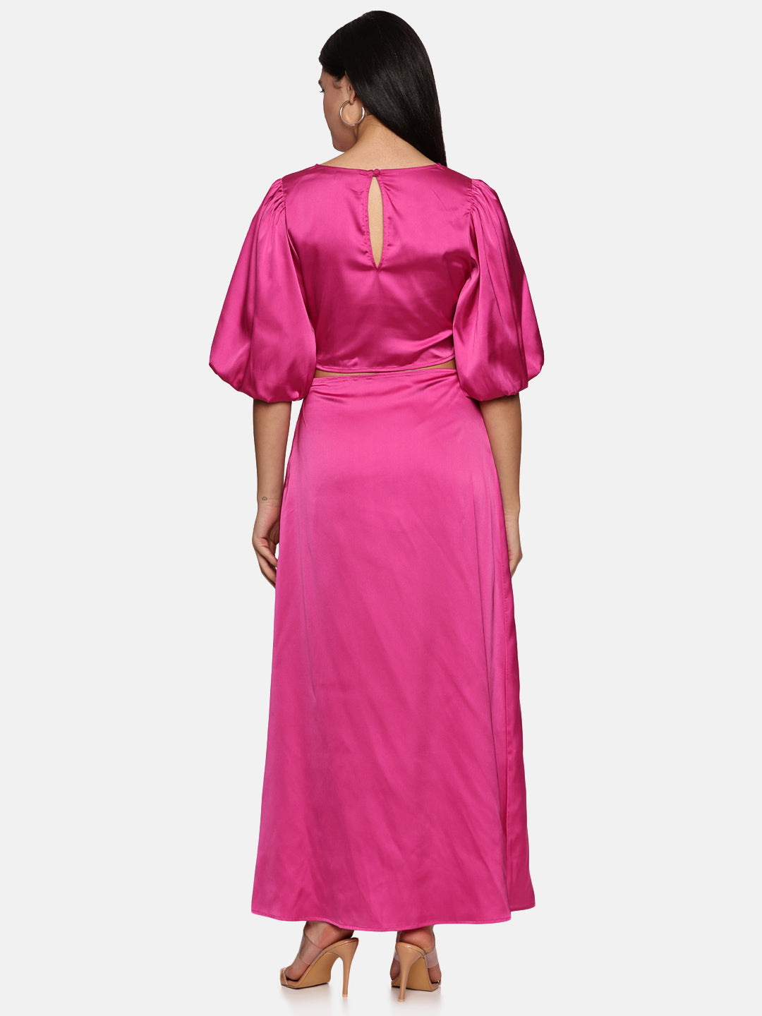 IS.U Pink Puff Sleeve Cut-Out Maxi Dress