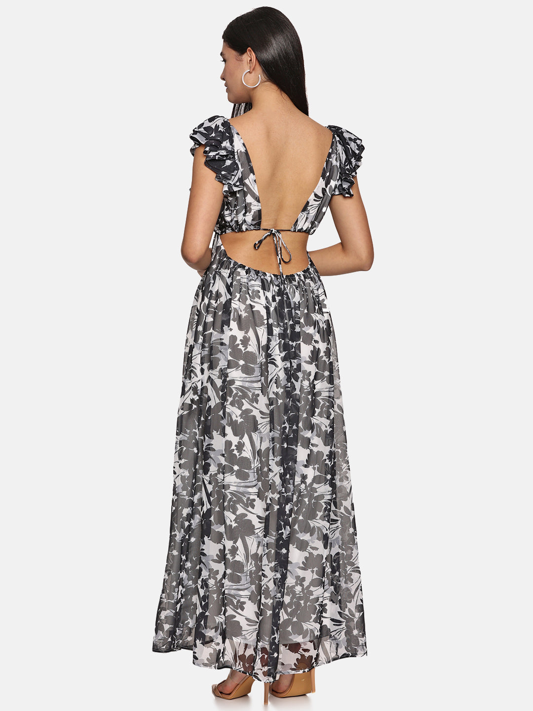 IS.U Floral Black Back Cut Out Maxi Dress