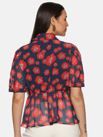 Load image into Gallery viewer, IS.U Floral Navy Blue Collared Peplum Top
