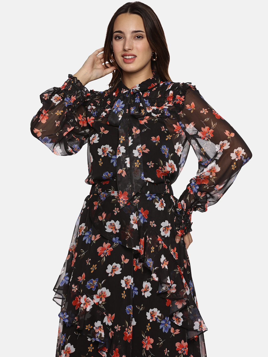 IS.U Floral Black Smocked Sleeve Top