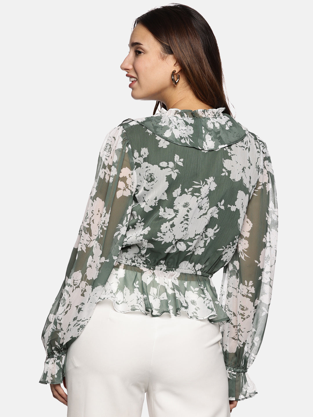 IS.U Floral Green V-Neck Blouson Sleeve Top