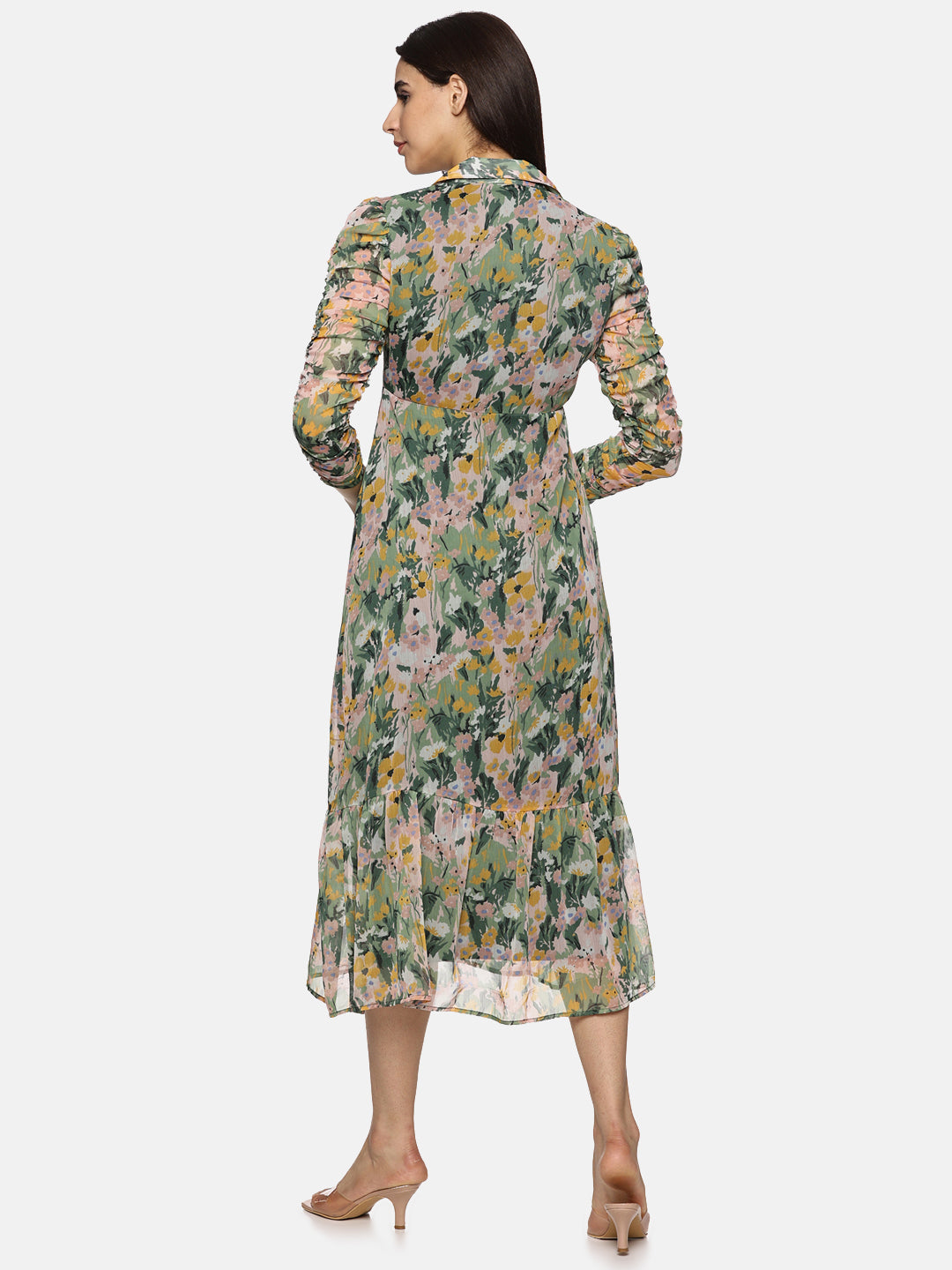 IS.U Floral Multicolor Ruched Sleeve Midaxi Dress