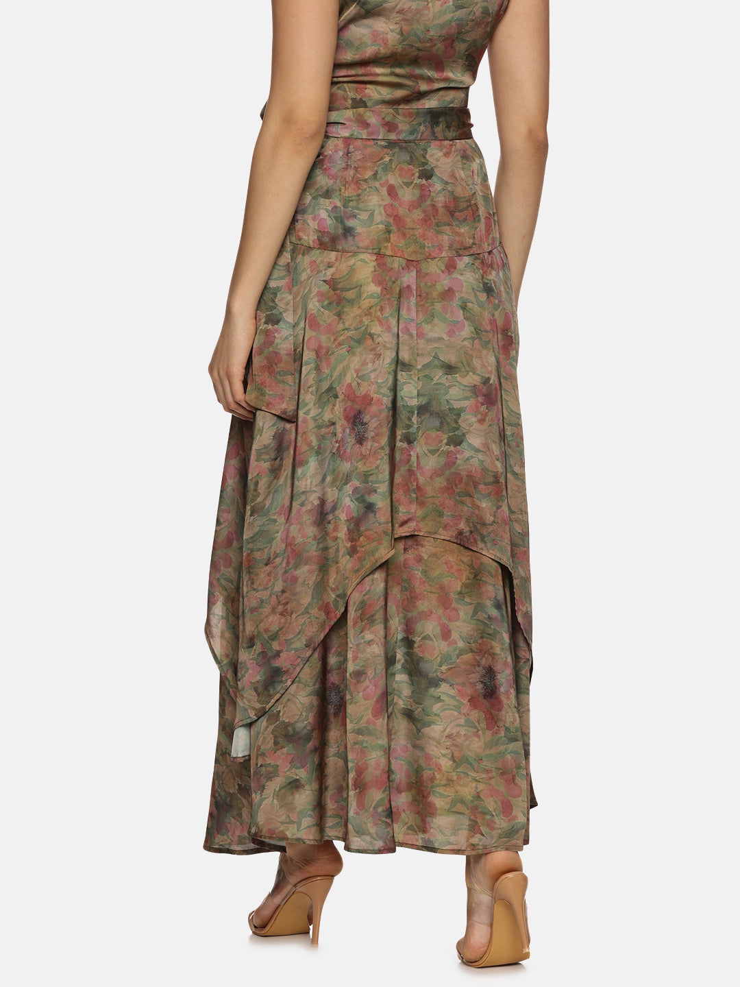 IS.U Floral Brown Asymmetrical Flare Maxi Skirt