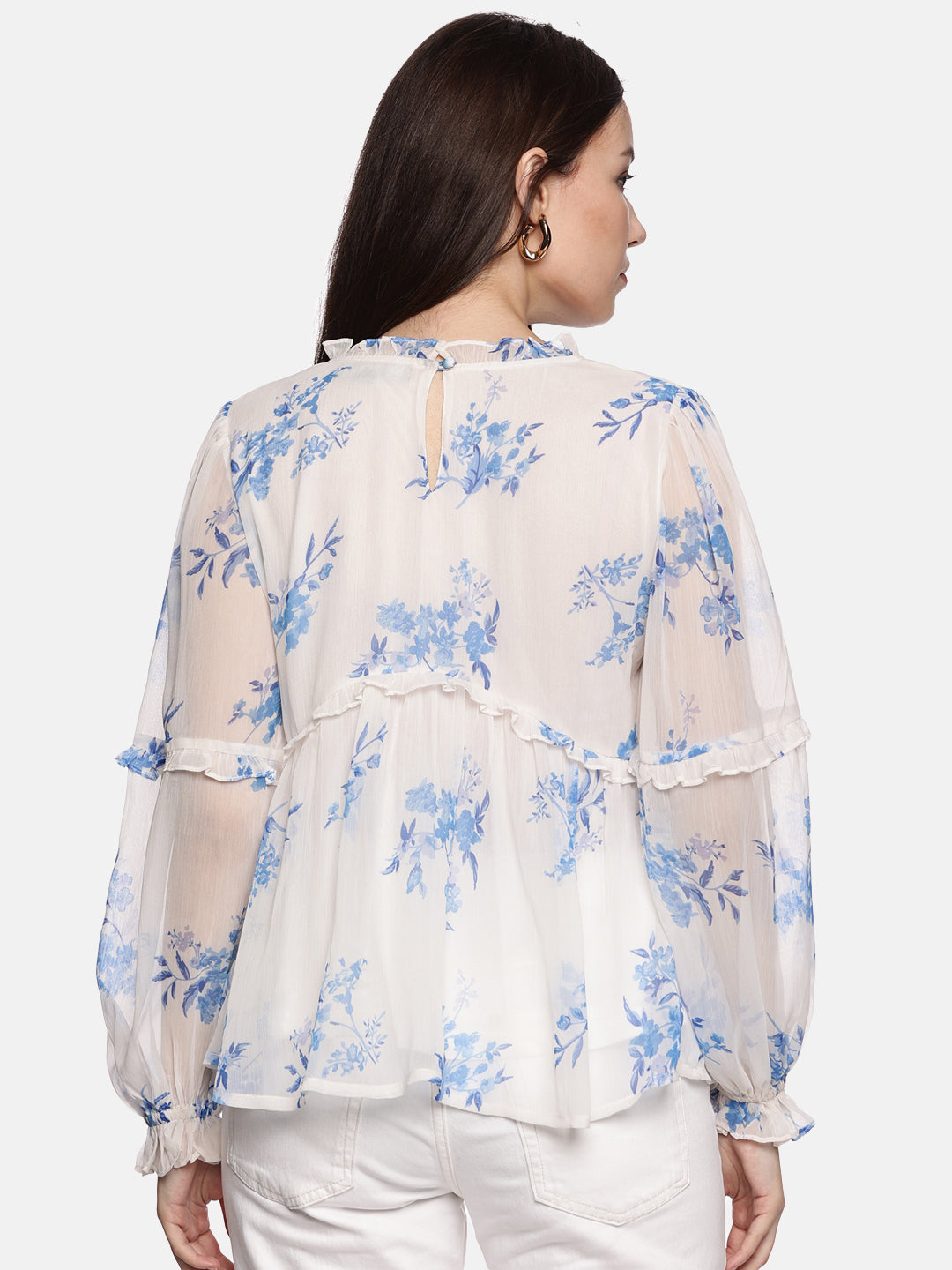 IS.U Floral White Blouson Sleeve Top