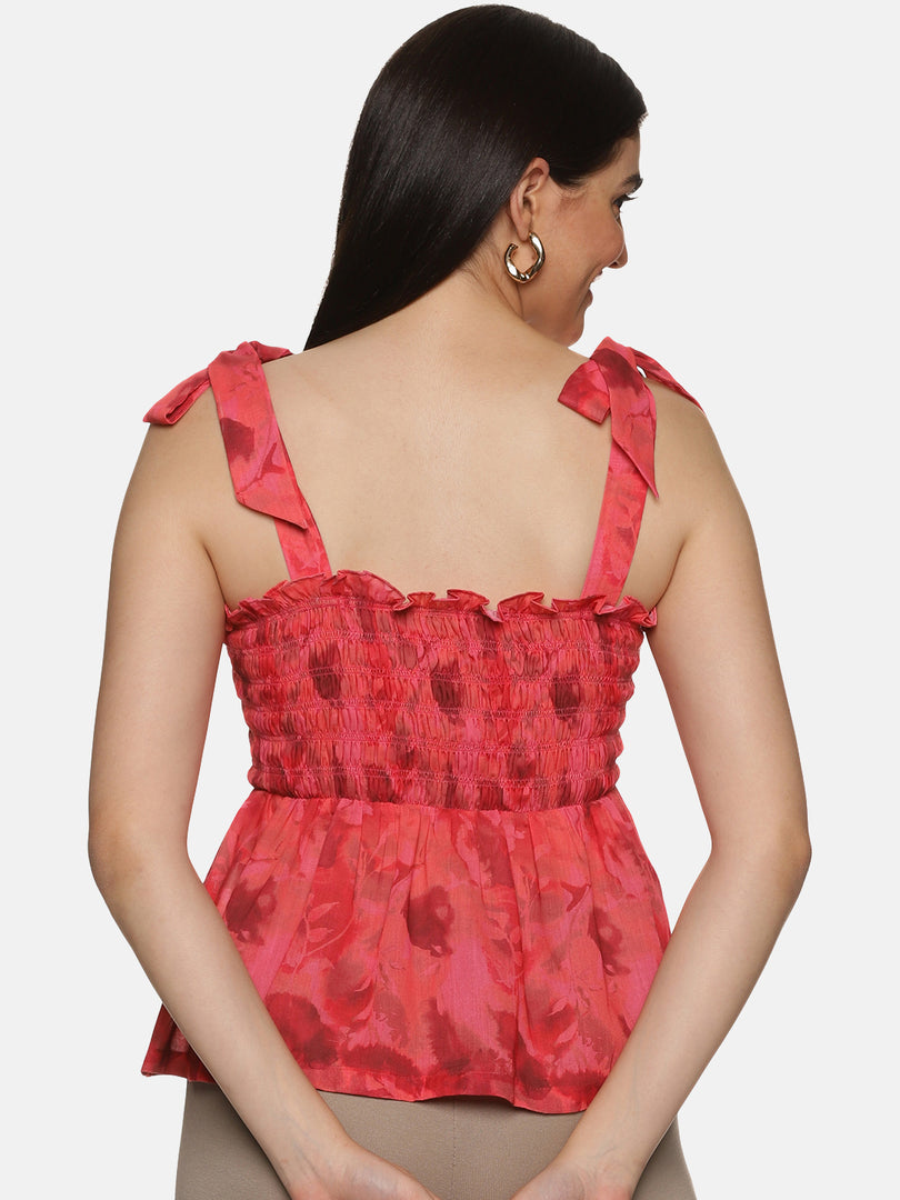 IS.U Abstract Red Tie-Up Peplum Top