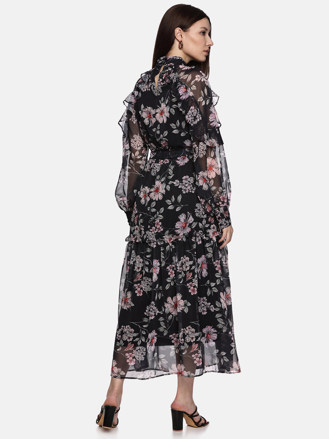 IS.U Floral Black Ruffled Blouson Sleeve Dress