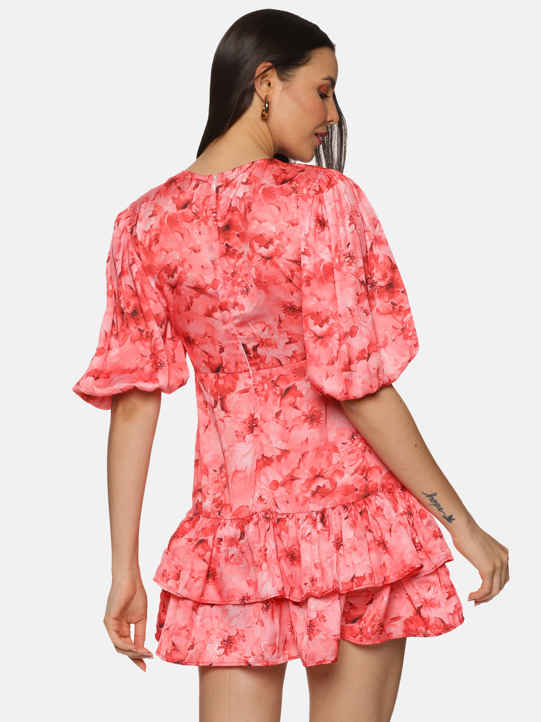 IS.U Floral Coral Two Tiered Ruffle Mini Dress